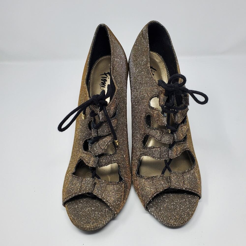 Fioni Night Gold Silver Glitter Sparkly Lace Up Heels Size 9.5 Open Toe Y2K Glam